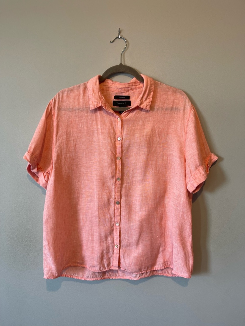 Tahari Women’s Pink Short-Sleeve Linen Shirt